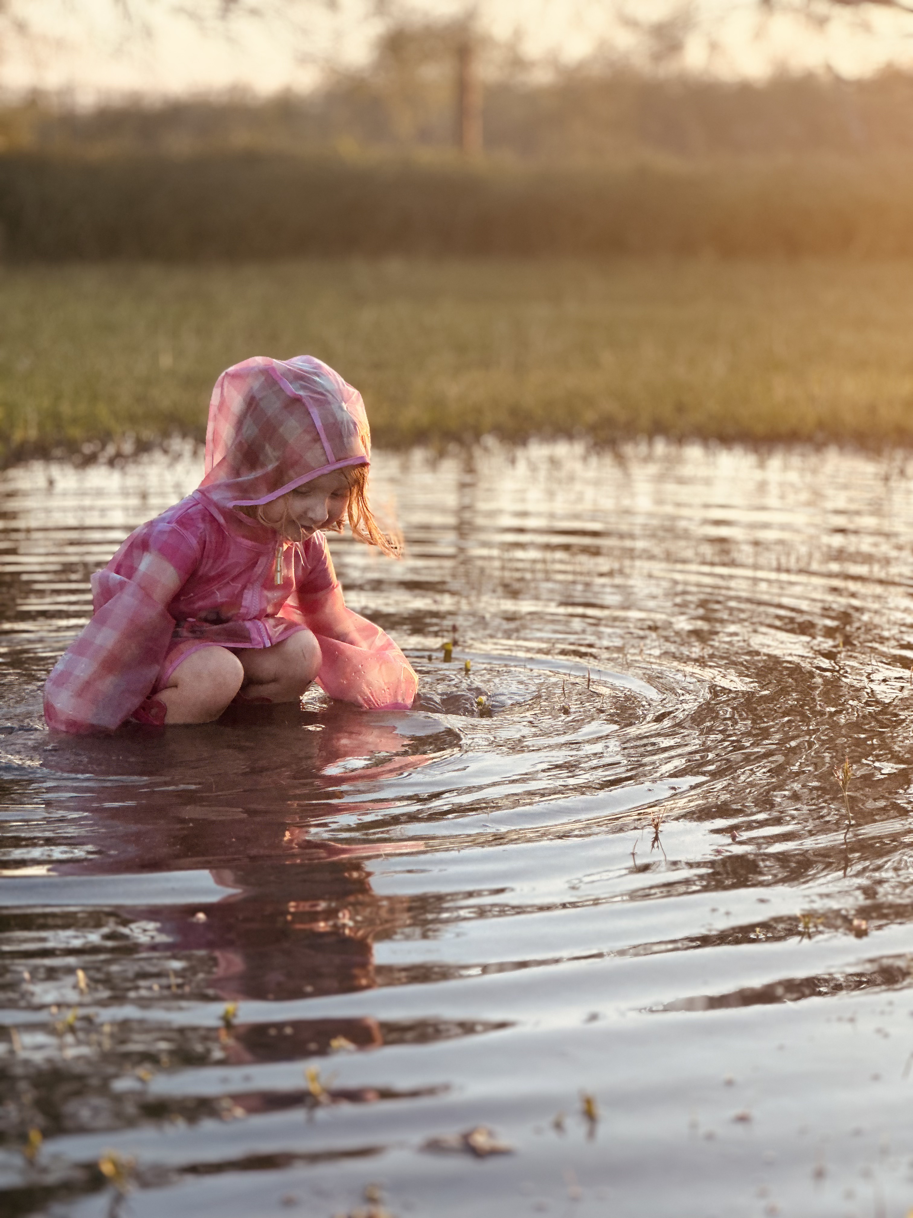 Young child crouching in standing water on the ranch, looking closely at the water and ripples in warm evening light