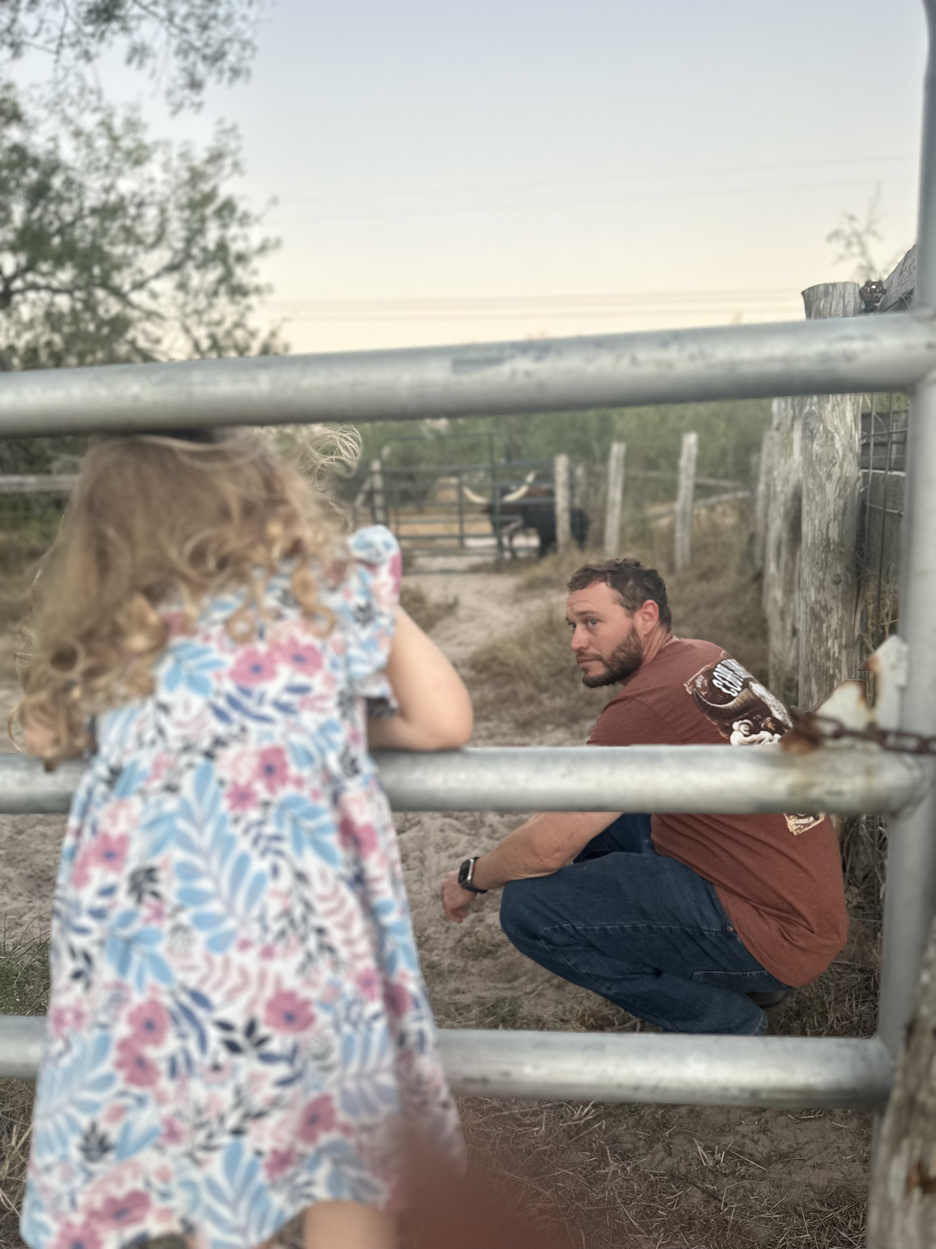 Blair watching Doug through the ranch gate, with livestock beyond