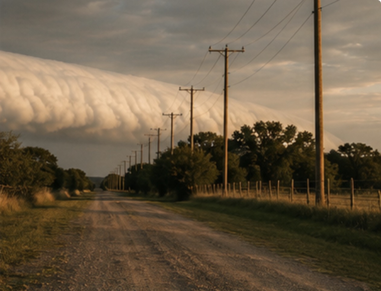 Storm cloud over a rural road lined with power poles and fencing
